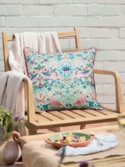 Morris & Co Coral Leaf Green Strawberry Thief Piped Outdoor Cushion - Image 1 of 6