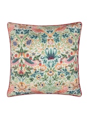 Morris & Co Coral Leaf Green Strawberry Thief Piped Outdoor Cushion - Image 2 of 6