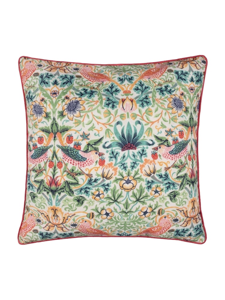 Morris & Co Coral Leaf Green Strawberry Thief Piped Outdoor Cushion - Image 2 of 6