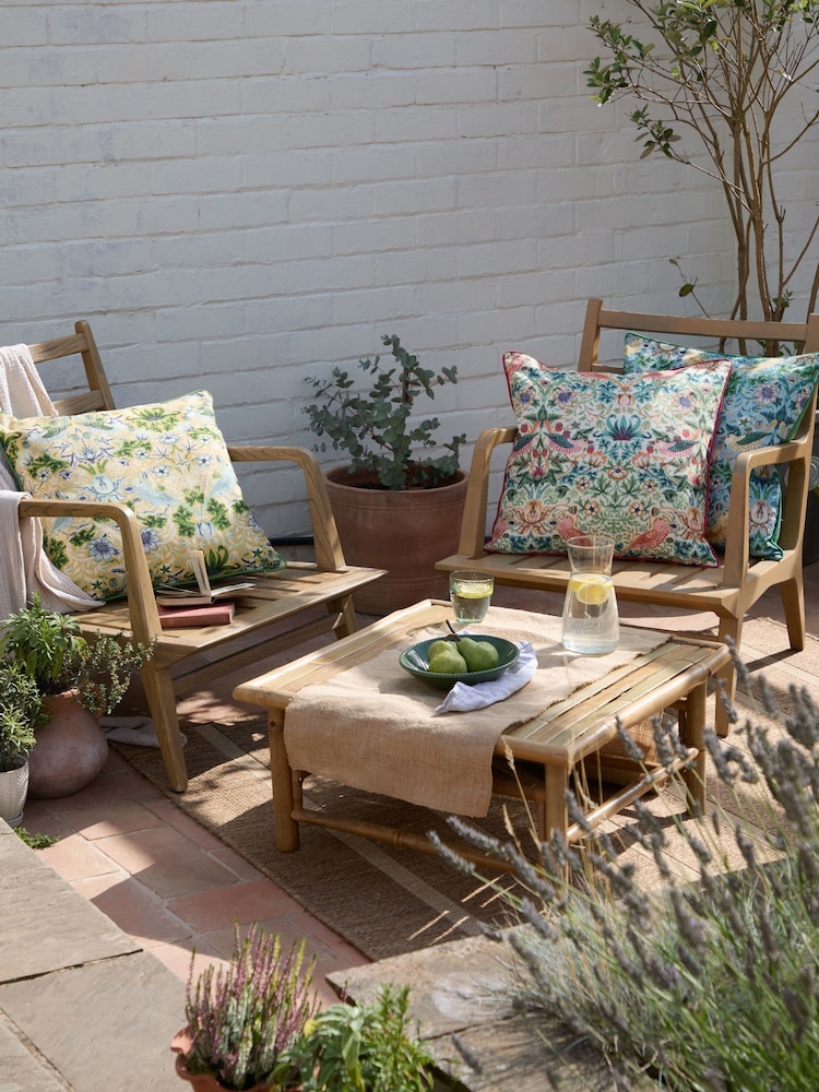 Morris & Co Coral Leaf Green Strawberry Thief Piped Outdoor Cushion - Image 6 of 6