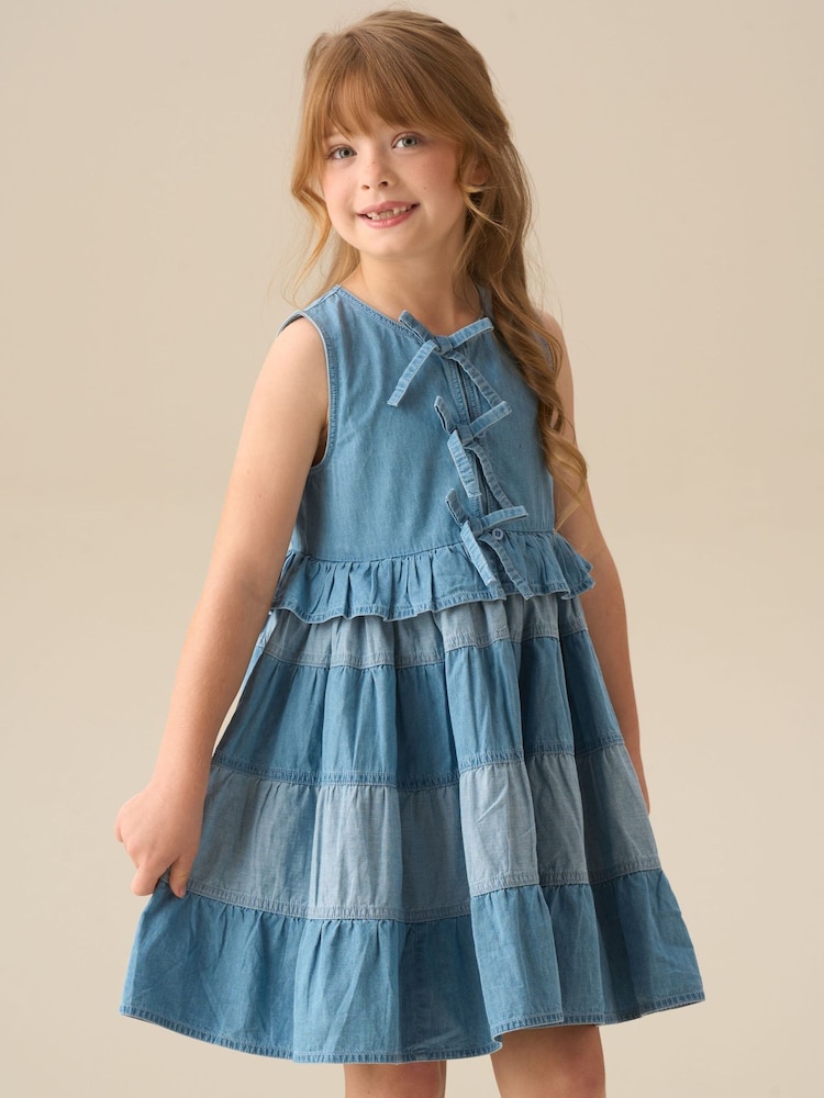 Angel & Rocket Blue Hannah Tie Detail Tiered Denim Dress - Image 1 of 9