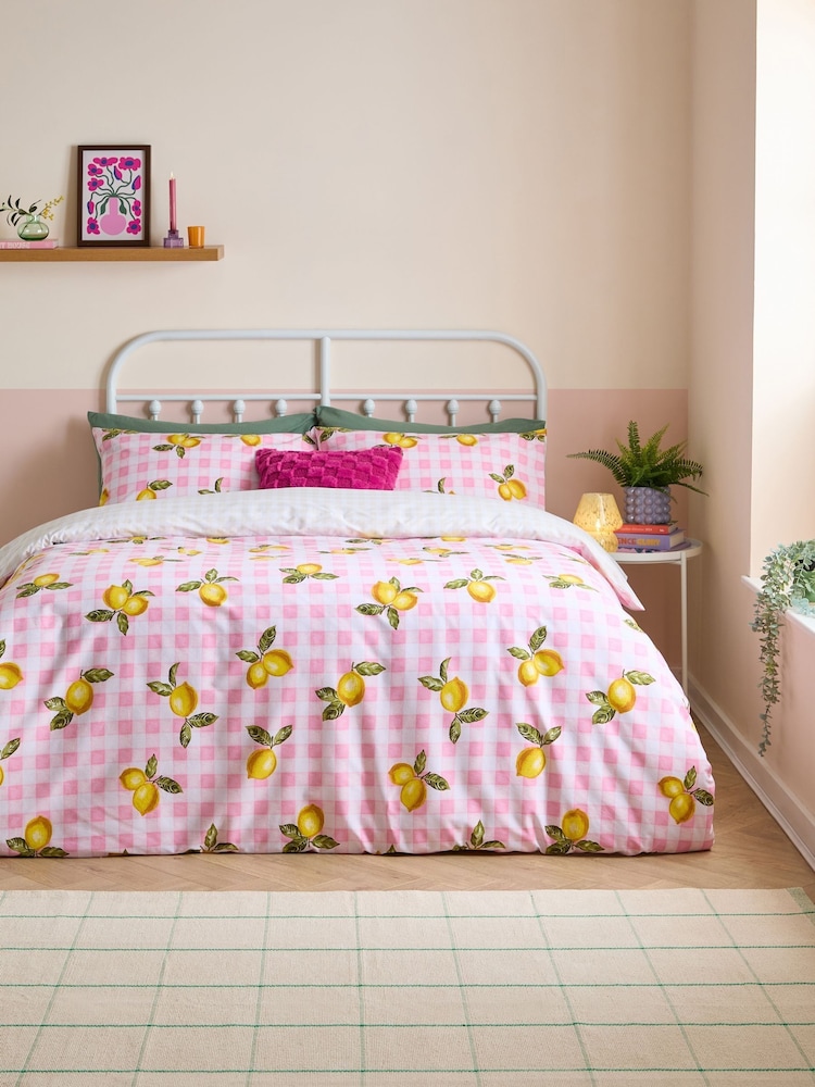 heya home Pink Gingham Lemons Duvet Cover and Pillowcase Set - Image 1 of 3