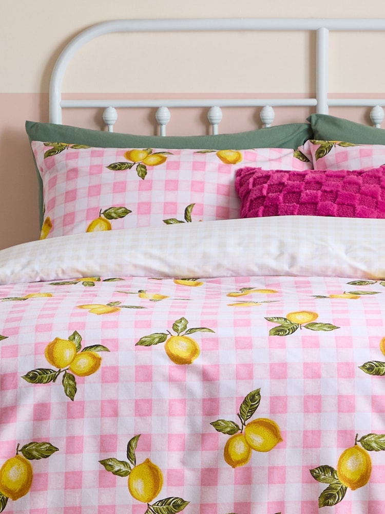 heya home Pink Gingham Lemons Duvet Cover and Pillowcase Set - Image 2 of 3