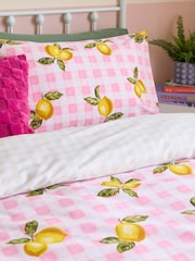 heya home Pink Gingham Lemons Duvet Cover and Pillowcase Set - Image 3 of 3