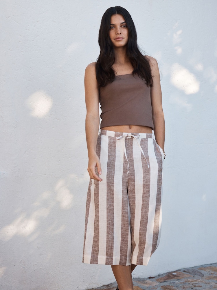 Neutral/Ecru Stripe Linen Blend Pull On Knee Length Shorts - Image 1 of 8