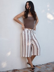 Neutral/Ecru Stripe Linen Blend Pull On Knee Length Shorts - Image 3 of 8