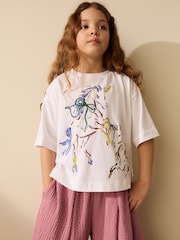 White Unicorn Sequin Graphic Oversized Boxy T-Shirt (3-16yrs) - Image 1 of 8