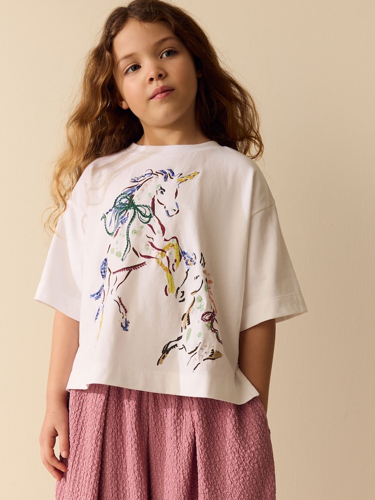 White Unicorn Sequin Graphic Oversized Boxy T-Shirt (3-16yrs) - Image 2 of 8