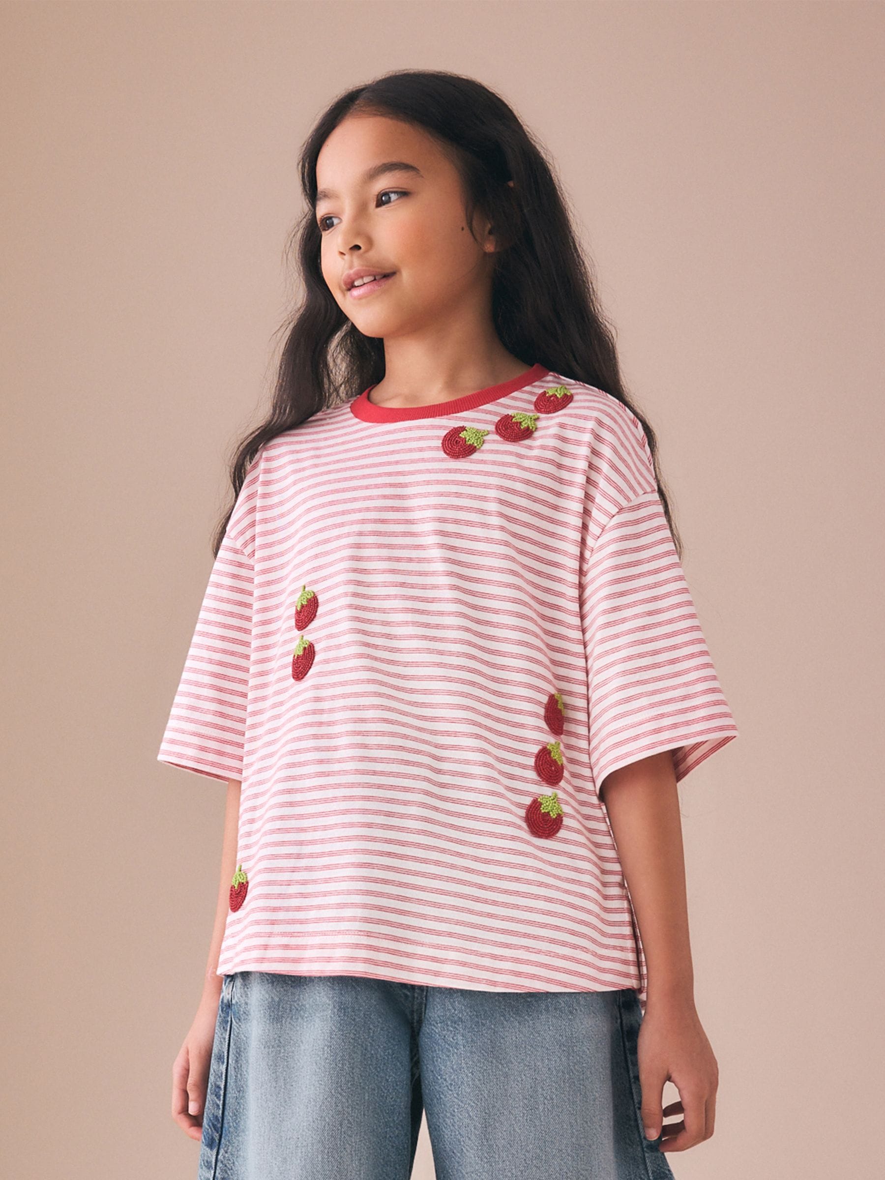 Buy Red Stripe Beaded Tomato Oversized Boxy T-Shirt (3-16yrs) from