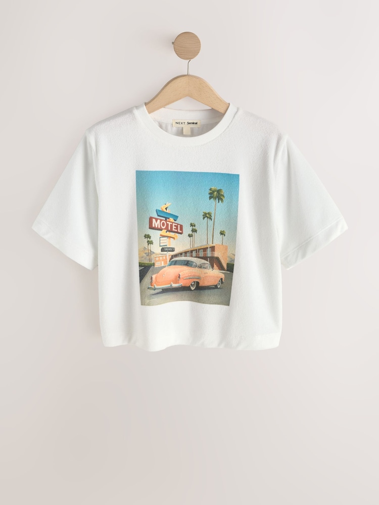 White Towelling Summer Car Graphic T-Shirt - Image 1 of 3