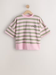 Cream/Pink/Green Stripe Happy Hour Graphic Short Sleeve Sweat Top - Image 1 of 3