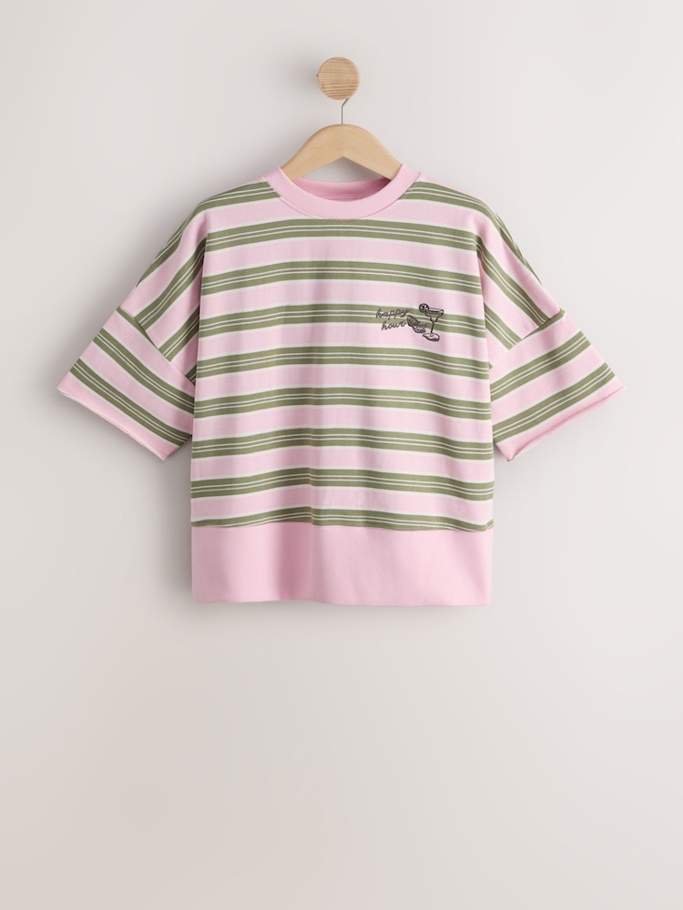 Cream/Pink/Green Stripe Happy Hour Graphic Short Sleeve Sweat Top - Image 1 of 3
