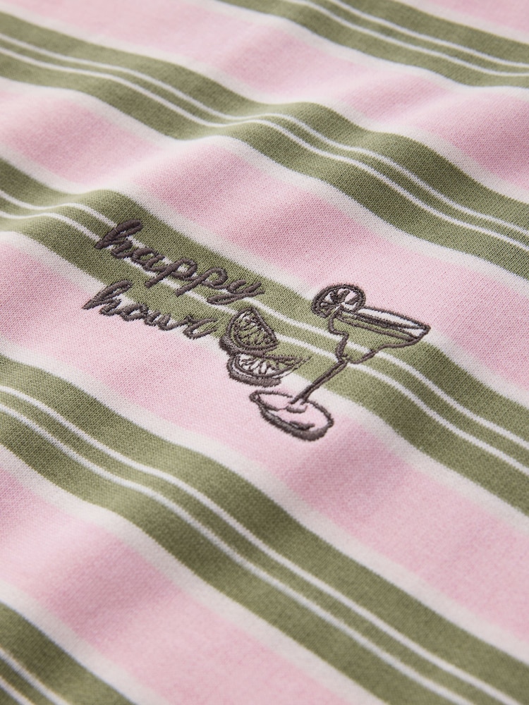 Cream/Pink/Green Stripe Happy Hour Graphic Short Sleeve Sweat Top - Image 2 of 3