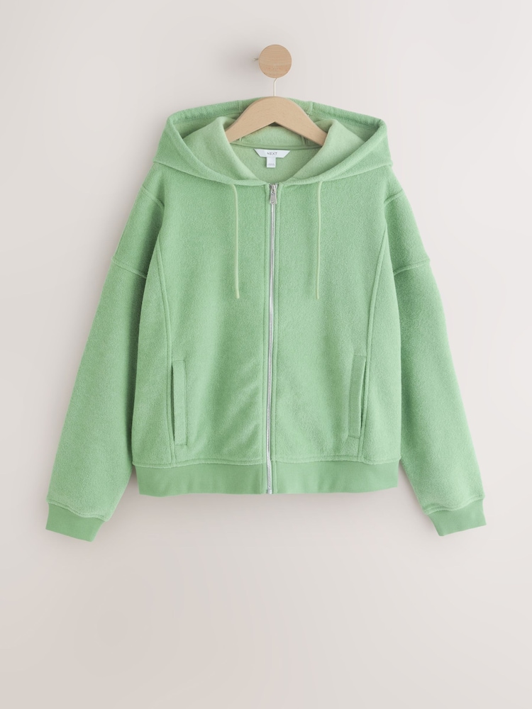 Khaki Green Towelling Zip Through Hoodie - Image 1 of 3 Khaki Green Towelling Zip Through Hoodie - Image 1 of 3