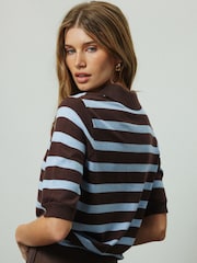 Chocolate Brown/Blue Striped Knit Look Short Sleeve Polo Top - Image 5 of 9