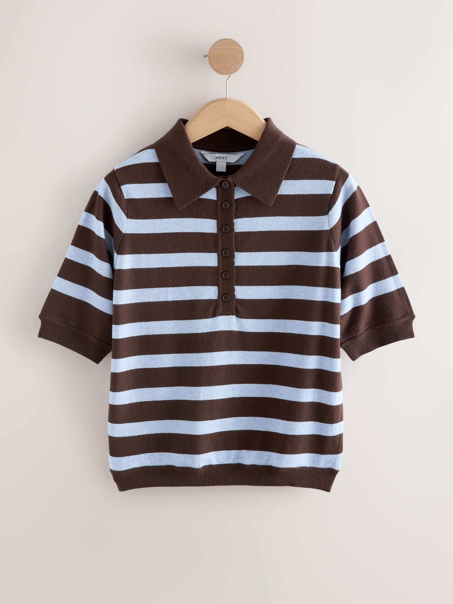 Buy Chocolate Brown/Blue Striped Knit Look Short Sleeve Polo Top