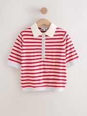 Grey/Red Striped Knit Look Short Sleeve Polo Top - Image 5 of 7
