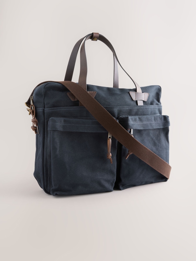 Navy Blue Waxed Canvas Multi Pocket Briefcase - Image 1 of 6