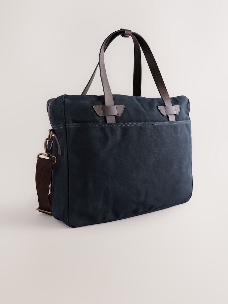 Navy Blue Waxed Canvas Multi Pocket Briefcase - Image 2 of 6