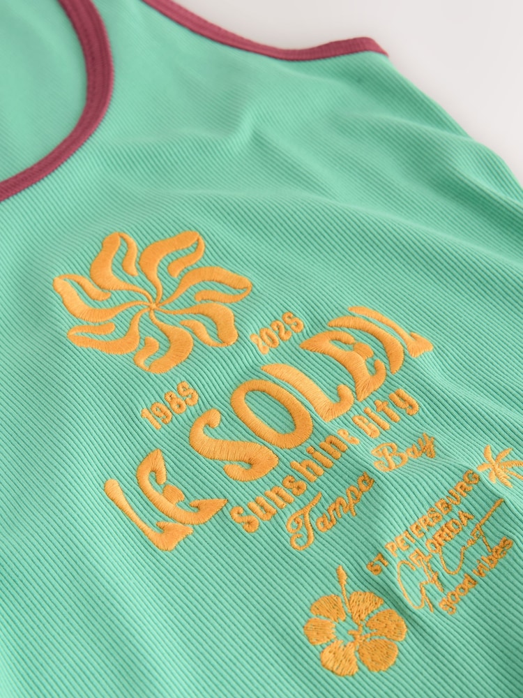 Teal Blue Ribbed Thick Strap Embroided Vest - Image 2 of 3