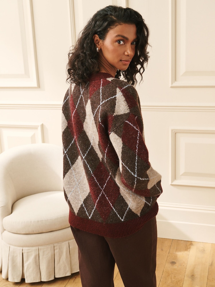 Laura Ashley Brown/Purple Argyle V-Neck Boyfriend Cardigan - Image 2 of 6 Laura Ashley Brown/Purple Argyle V-Neck Boyfriend Cardigan - Image 2 of 6