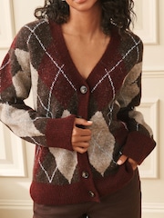 Laura Ashley Brown/Purple Argyle V-Neck Boyfriend Cardigan - Image 3 of 6
