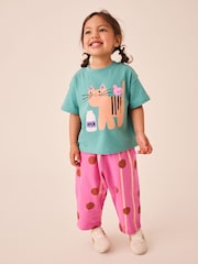 綠色貓咪 - Short Sleeve T-Shirt and Barrel Trousers Set (3mths-7yrs) - 圖片 1/8