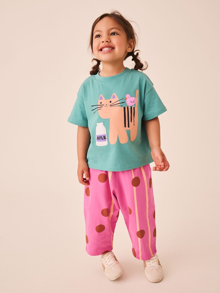 綠色貓咪 - Short Sleeve T-Shirt and Barrel Trousers Set (3mths-7yrs) - 圖片 1/8
