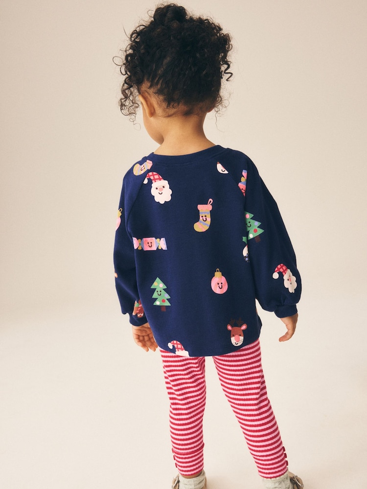 Navy Christmas Long Sleeve Ribbed Raglan Top and Leggings Set (3mths-7yrs) - Image 2 of 9 Navy Christmas Long Sleeve Ribbed Raglan Top and Leggings Set (3mths-7yrs) - Image 2 of 9