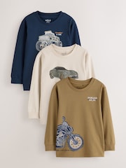 Navy/Tan/Stone Vehicles Graphic Long Sleeve Relaxed Fit T-Shirts 3 Pack (3-16yrs) - Image 1 of 9