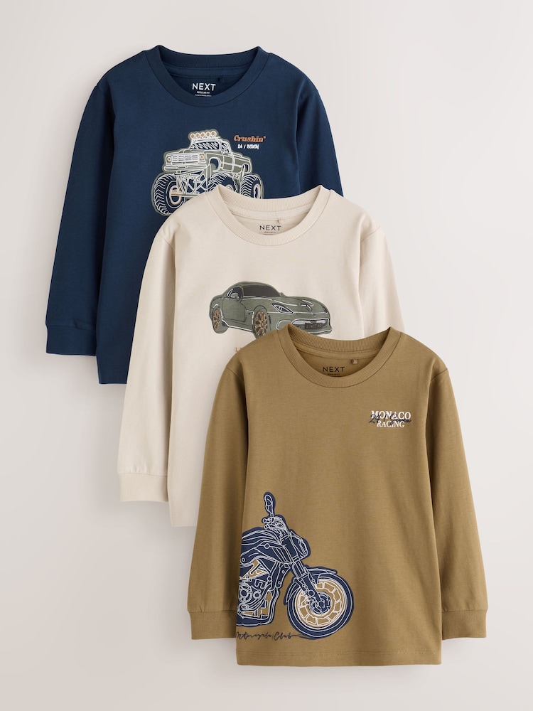 Navy/Tan/Stone Vehicles Graphic Long Sleeve Relaxed Fit T-Shirts 3 Pack (3-16yrs) - Image 1 of 9 Navy/Tan/Stone Vehicles Graphic Long Sleeve Relaxed Fit T-Shirts 3 Pack (3-16yrs) - Image 1 of 9