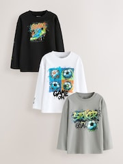 Black/Grey/White Graphic Long Sleeve Relaxed Fit T-Shirts 3 Pack (3-16yrs) - Image 1 of 8