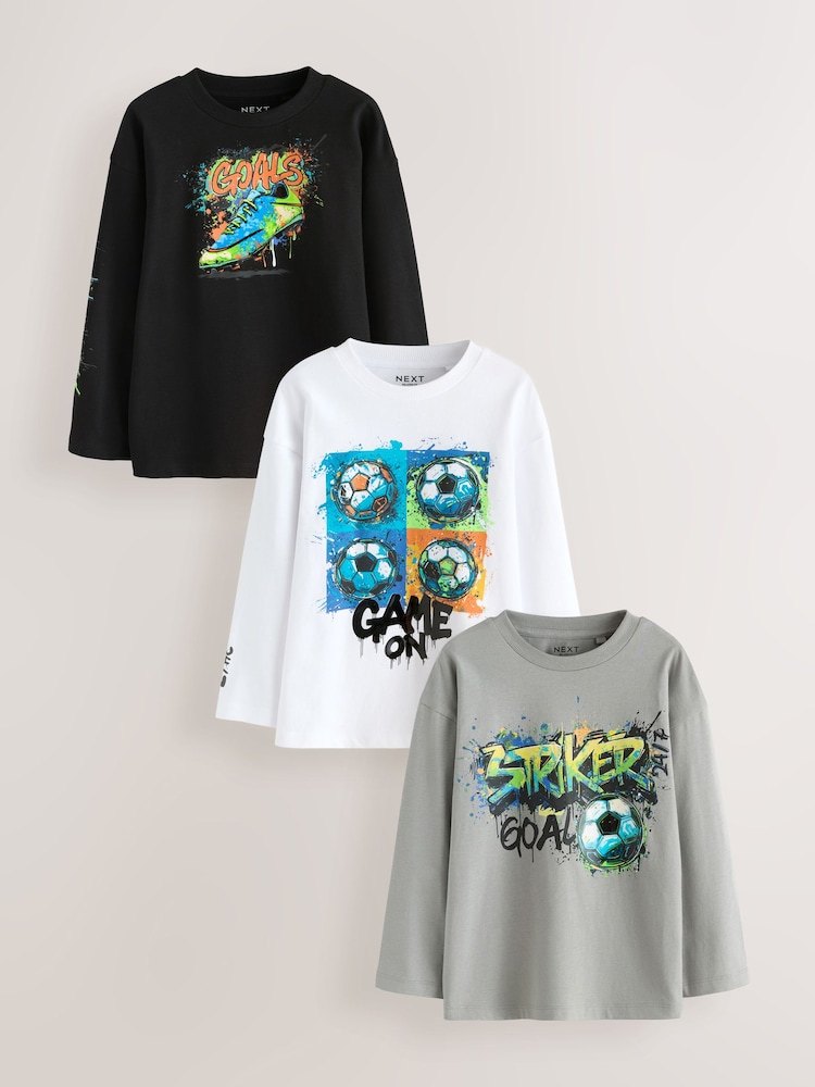 Black/Grey/White Graphic Long Sleeve Relaxed Fit T-Shirts 3 Pack (3-16yrs) - Image 1 of 8