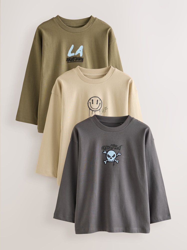 Stone/Khaki/Charcoal Graphic Long Sleeve Relaxed Fit T-Shirts 3 Pack (3-16yrs) - Image 1 of 7