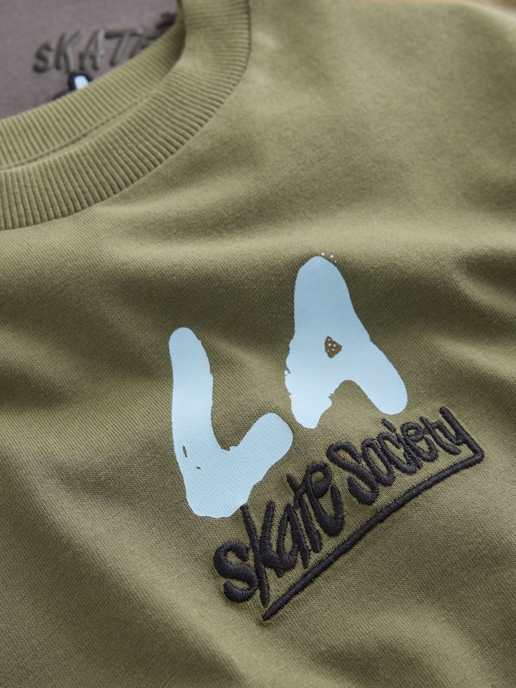 Stone/Khaki/Charcoal Graphic Long Sleeve Relaxed Fit T-Shirts 3 Pack (3-16yrs) - Image 7 of 7