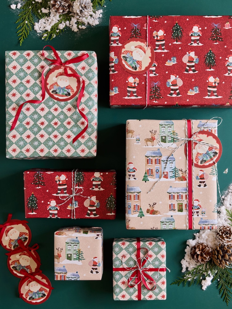 Set of 3 Red and Green Classic Santa Christmas Wrapping Paper Set of 3, 3m Gift Tags and Ribbons Set - Image 1 of 4 Set of 3 Red and Green Classic Santa Christmas Wrapping Paper Set of 3, 3m Gift Tags and Ribbons Set - Image 1 of 4