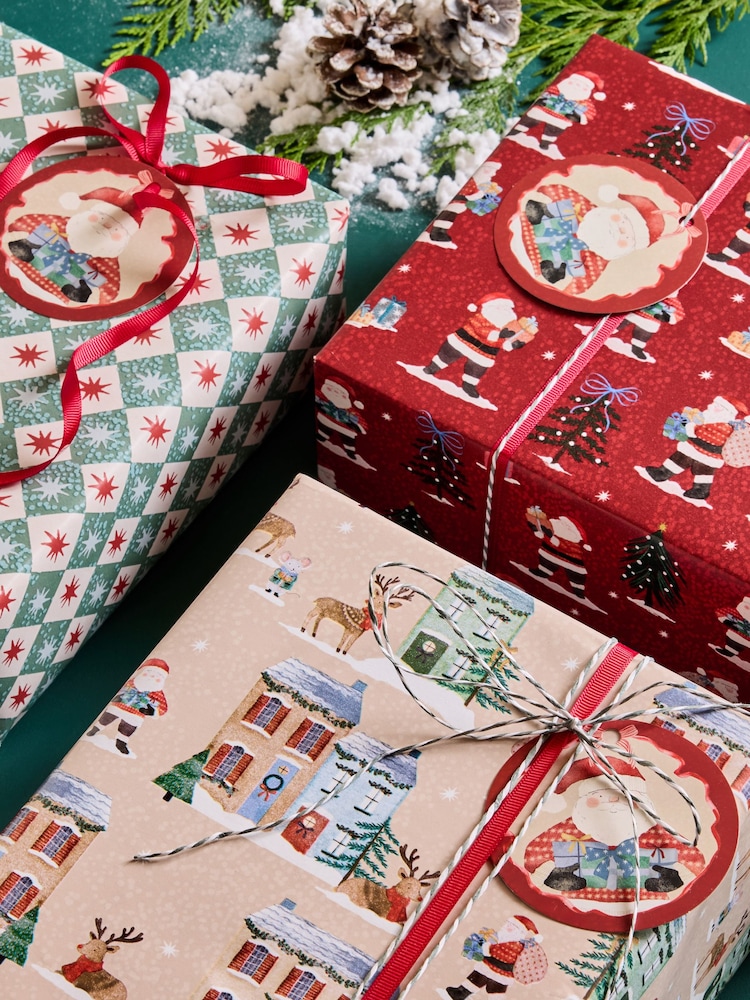 Set of 3 Red and Green Classic Santa Christmas Wrapping Paper Set of 3, 3m Gift Tags and Ribbons Set - Image 2 of 4 Set of 3 Red and Green Classic Santa Christmas Wrapping Paper Set of 3, 3m Gift Tags and Ribbons Set - Image 2 of 4