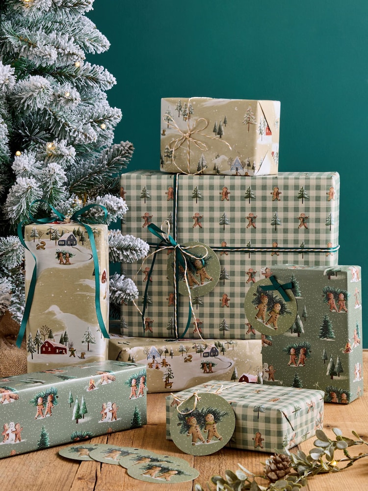Set of 3 Green and Natural Gingerbread Christmas Wrapping Paper Set of 3, 3m Gift Tags and Ribbons Set - Image 1 of 4 Set of 3 Green and Natural Gingerbread Christmas Wrapping Paper Set of 3, 3m Gift Tags and Ribbons Set - Image 1 of 4