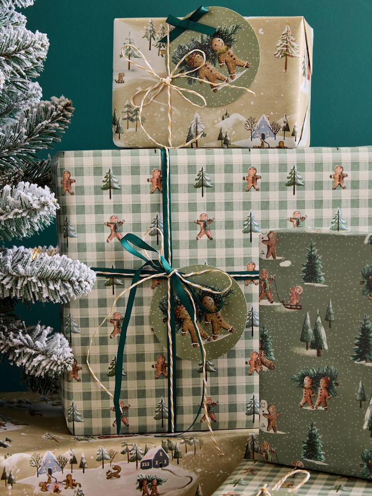 Set of 3 Green and Natural Gingerbread Christmas Wrapping Paper Set of 3, 3m Gift Tags and Ribbons Set - Image 2 of 4 Set of 3 Green and Natural Gingerbread Christmas Wrapping Paper Set of 3, 3m Gift Tags and Ribbons Set - Image 2 of 4