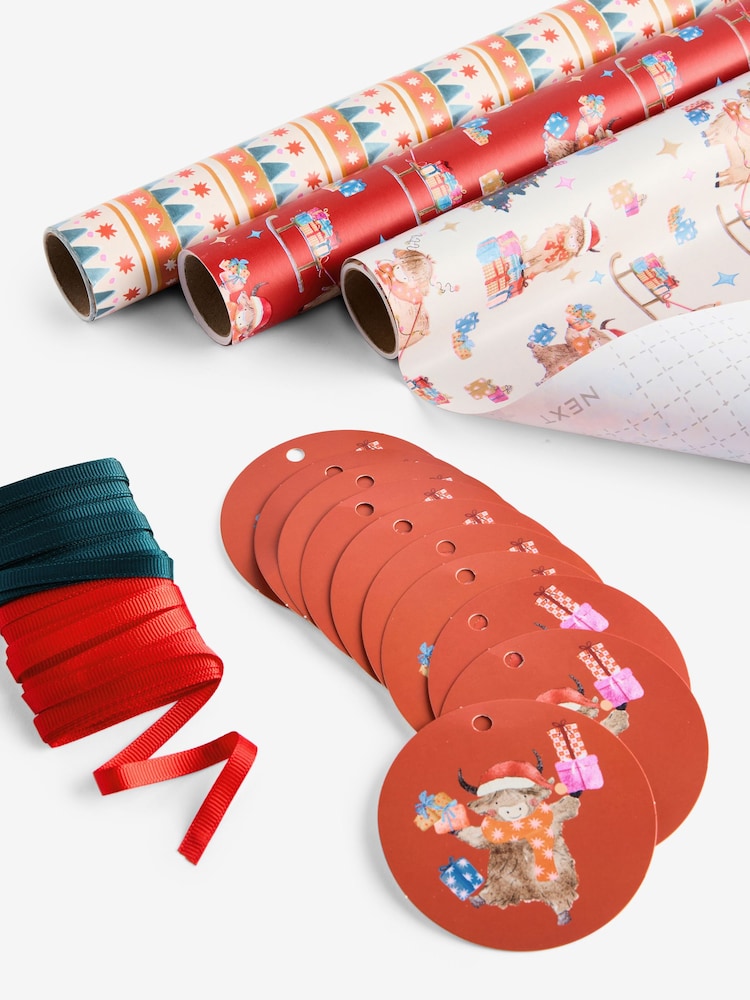 Set of 3 Red Hamish the Highland Cow Christmas Wrapping Paper Set of 3, 3m Gift Tags and Ribbons Set - Image 2 of 4