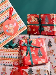 Set of 3 Red Hamish the Highland Cow Christmas Wrapping Paper Set of 3, 3m Gift Tags and Ribbons Set - Image 3 of 4