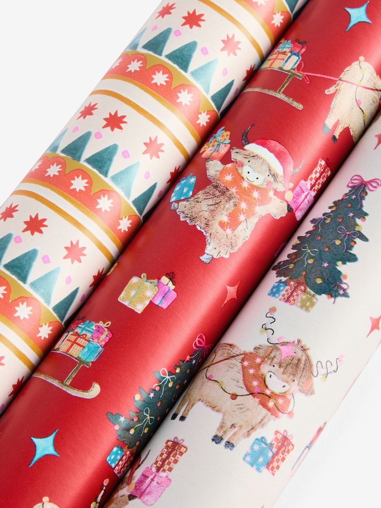 Set of 3 Red Hamish the Highland Cow Christmas Wrapping Paper Set of 3, 3m Gift Tags and Ribbons Set - Image 4 of 4