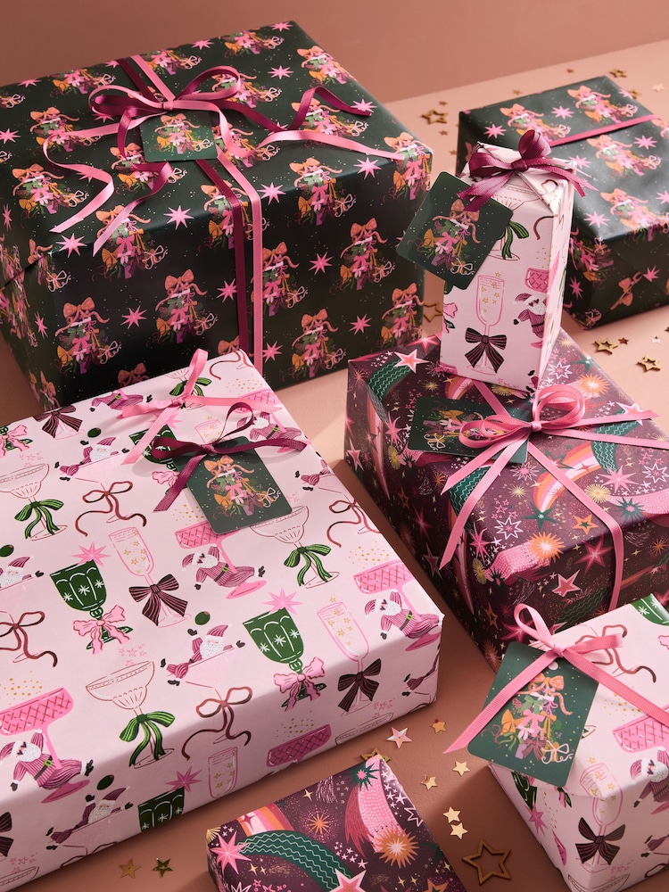 Set of 3 Pink Bow Ho Ho Christmas Wrapping Paper Set of 3, 3m Gift Tags and Ribbons Set - Image 1 of 3 Set of 3 Pink Bow Ho Ho Christmas Wrapping Paper Set of 3, 3m Gift Tags and Ribbons Set - Image 1 of 3