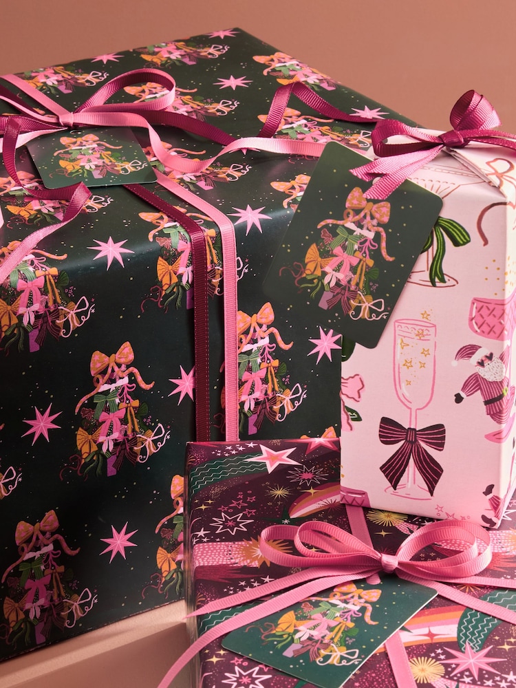 Set of 3 Pink Bow Ho Ho Christmas Wrapping Paper Set of 3, 3m Gift Tags and Ribbons Set - Image 2 of 3 Set of 3 Pink Bow Ho Ho Christmas Wrapping Paper Set of 3, 3m Gift Tags and Ribbons Set - Image 2 of 3