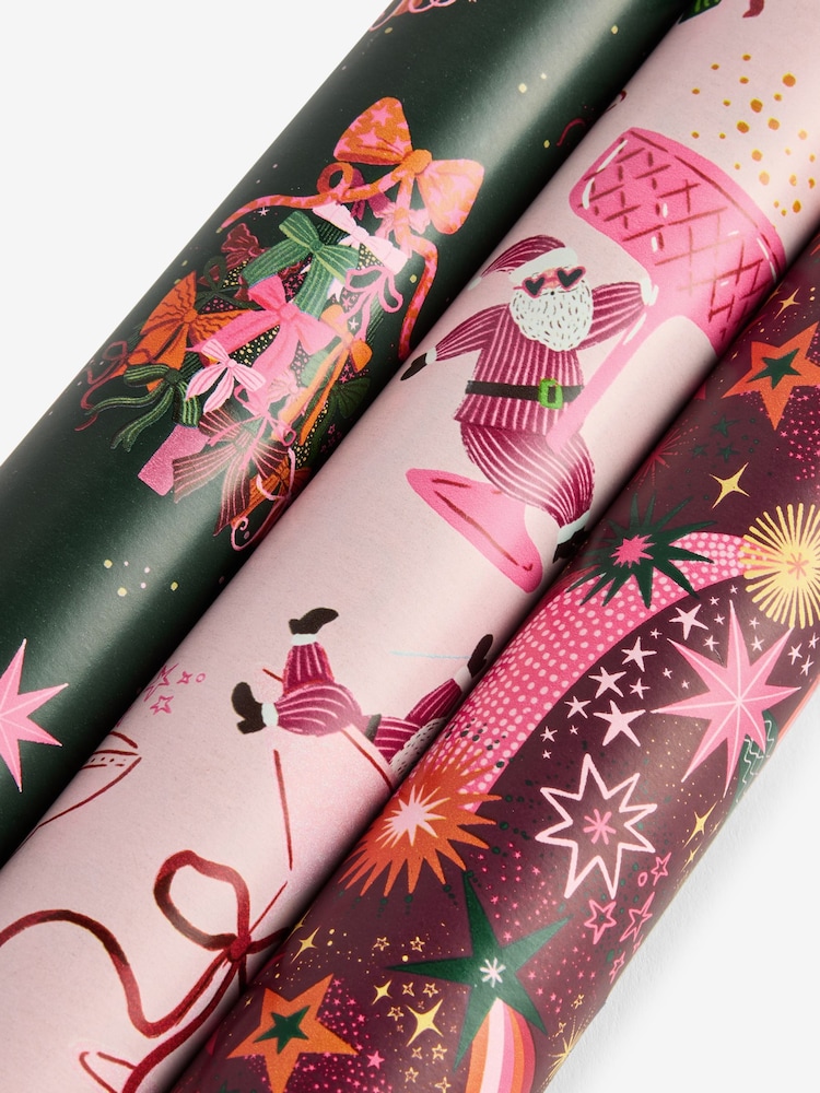 Set of 3 Pink Bow Ho Ho Christmas Wrapping Paper Set of 3, 3m Gift Tags and Ribbons Set - Image 3 of 3 Set of 3 Pink Bow Ho Ho Christmas Wrapping Paper Set of 3, 3m Gift Tags and Ribbons Set - Image 3 of 3
