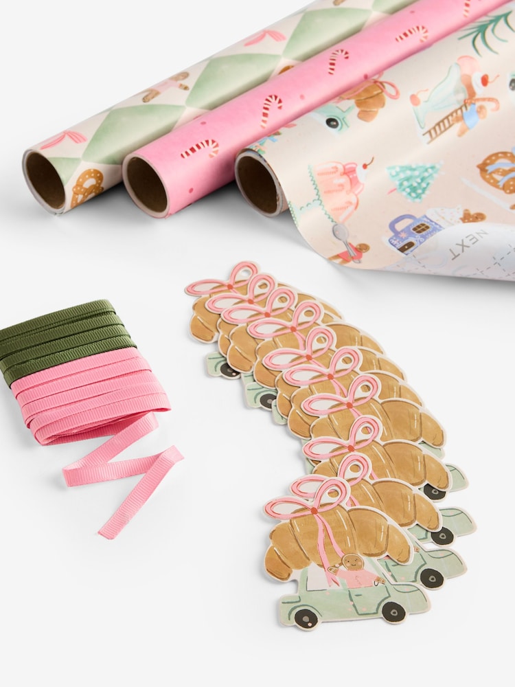 Set of 3 Pink Sweet Treat Christmas Wrapping Paper Set of 3, 3m Gift Tags and Ribbons Set - Image 1 of 2 Set of 3 Pink Sweet Treat Christmas Wrapping Paper Set of 3, 3m Gift Tags and Ribbons Set - Image 1 of 2