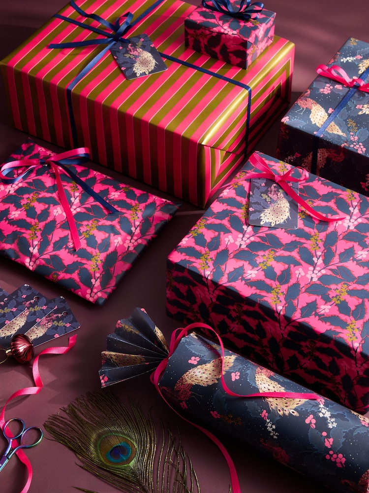 Set of 3 Pink and Blue Peacock Christmas Wrapping Paper Set of 3, 3m Gift Tags and Ribbons Set - Image 1 of 4 Set of 3 Pink and Blue Peacock Christmas Wrapping Paper Set of 3, 3m Gift Tags and Ribbons Set - Image 1 of 4