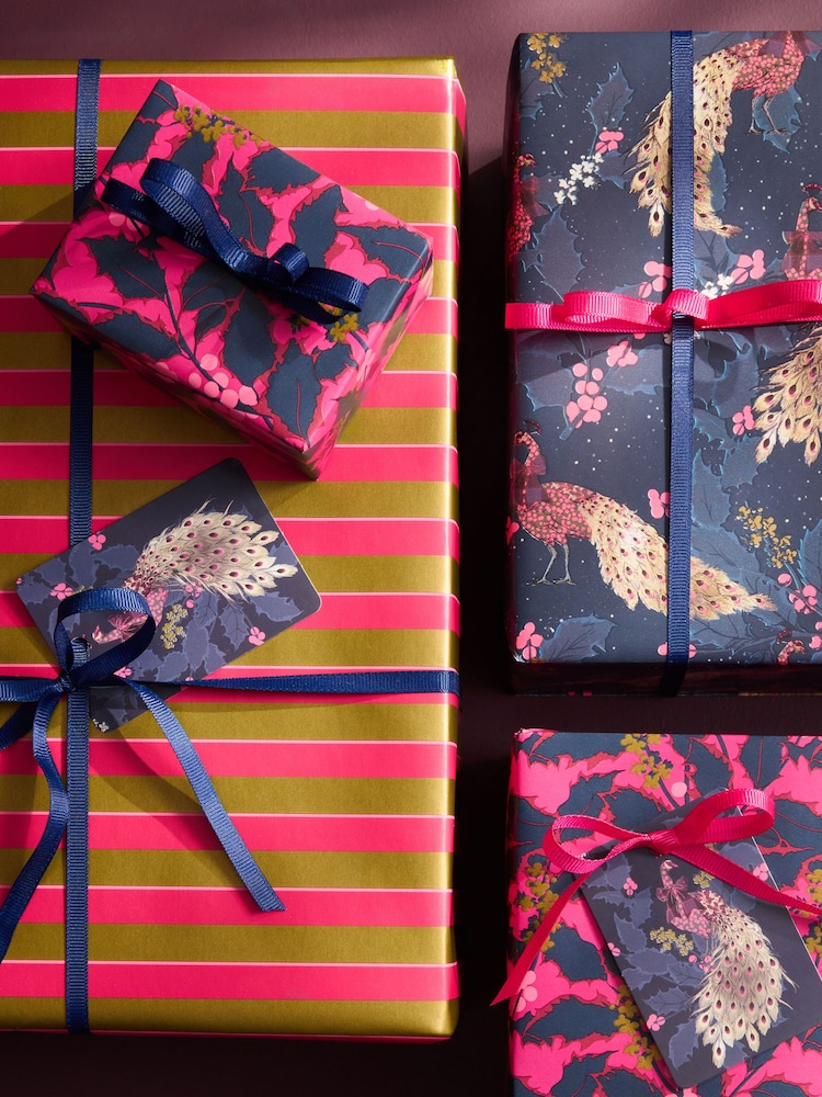 Set of 3 Pink and Blue Peacock Christmas Wrapping Paper Set of 3, 3m Gift Tags and Ribbons Set - Image 2 of 4 Set of 3 Pink and Blue Peacock Christmas Wrapping Paper Set of 3, 3m Gift Tags and Ribbons Set - Image 2 of 4