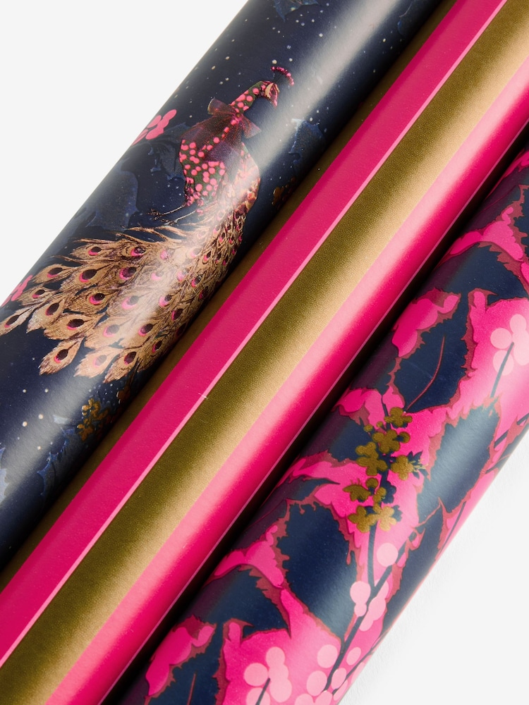 Set of 3 Pink and Blue Peacock Christmas Wrapping Paper Set of 3, 3m Gift Tags and Ribbons Set - Image 4 of 4 Set of 3 Pink and Blue Peacock Christmas Wrapping Paper Set of 3, 3m Gift Tags and Ribbons Set - Image 4 of 4