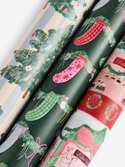 Set of 3 Pink and Green Market Scene Christmas Wrapping Paper Set of 3, 3m Gift Tags and Ribbons Set - Image 2 of 2